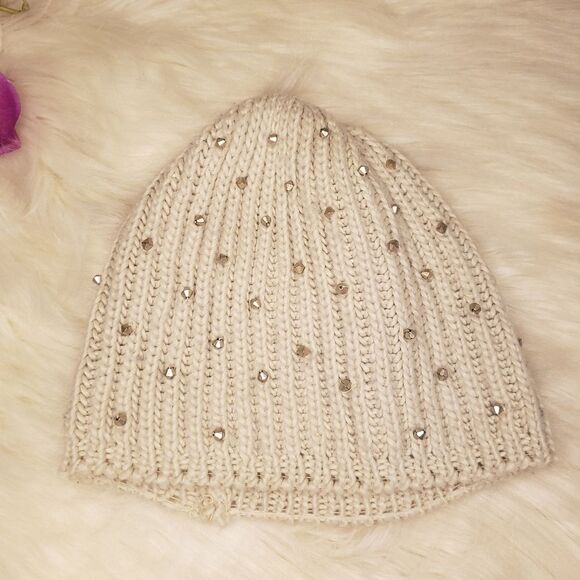 Gold Studded Beige Beanie Winter Hat - Picture 3 of 5